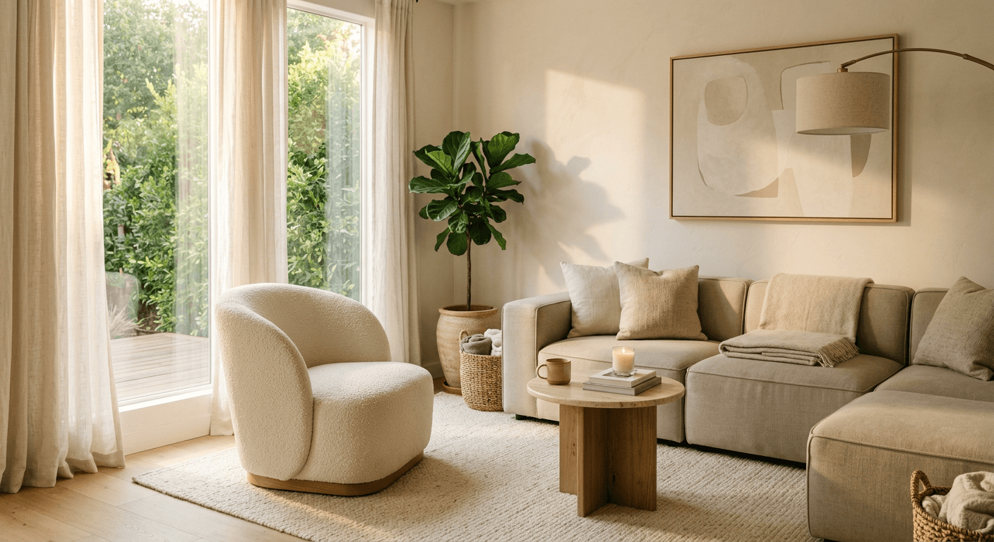 Modern living room with a modular sofa and curved accent chair